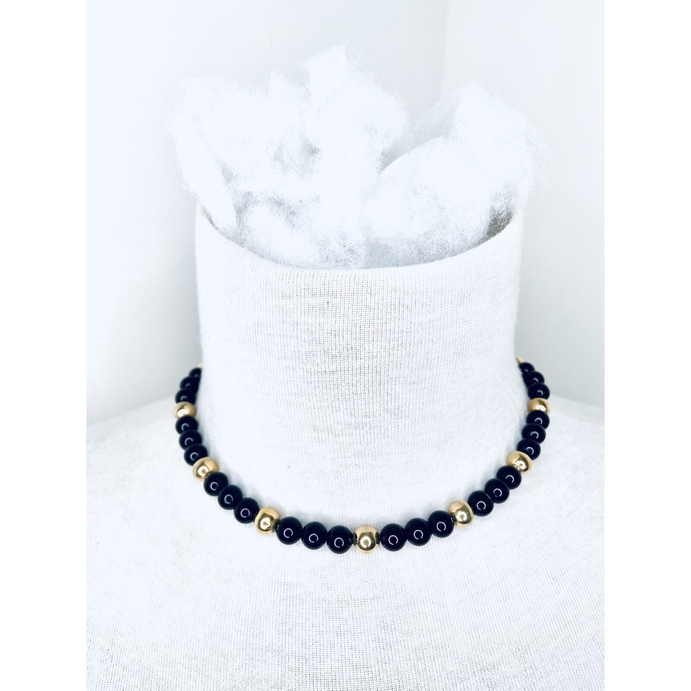 Vintage Trifari Gold Tone Black Beaded 16" Choker Necklace Signed